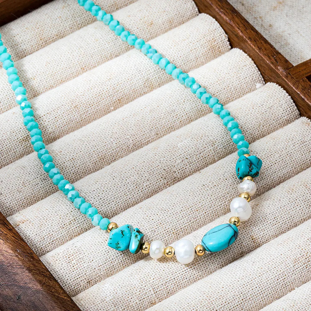 Joolim PVD Plated Wholesale Waterproof Fashion Boho Mixed Turquoise Chip & Pearl Bead Necklace Stainless Steel Jewelry