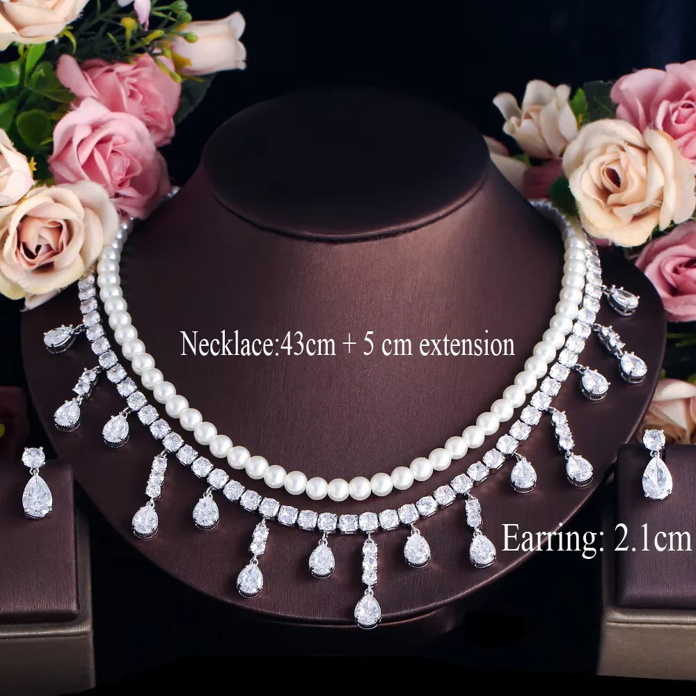 Gorgeous Tassel Necklace and Earrings Cubic Zirconia Imitation Pearl Wedding Bridal Luxury Jewelry Set for Women