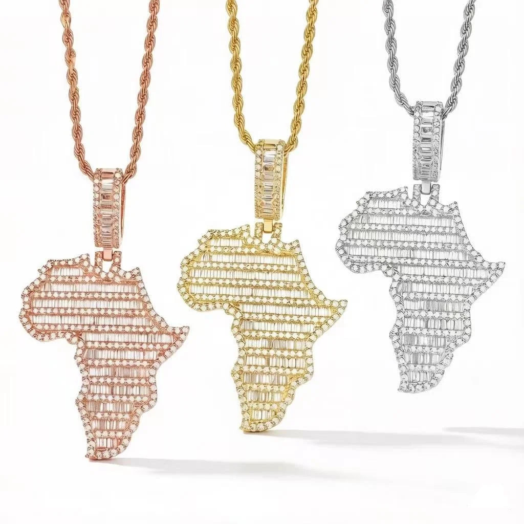 Light Luxury Zircon Brass Hip-Hop Necklace Africa Map Shaped Pendant Gold Plated Necklace