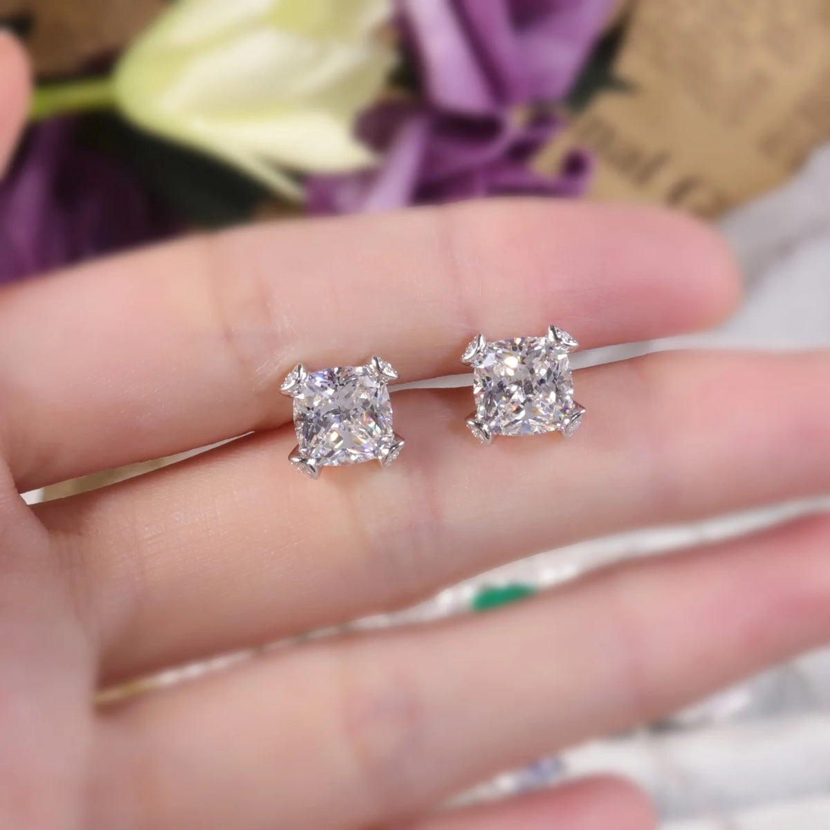 ArtistA AR219 Abiding Iced Out Pave Prong Cushion Cut Crushed Ice Cubic Zirconia Diamond 925 Sterling Silver Stud Earrings
