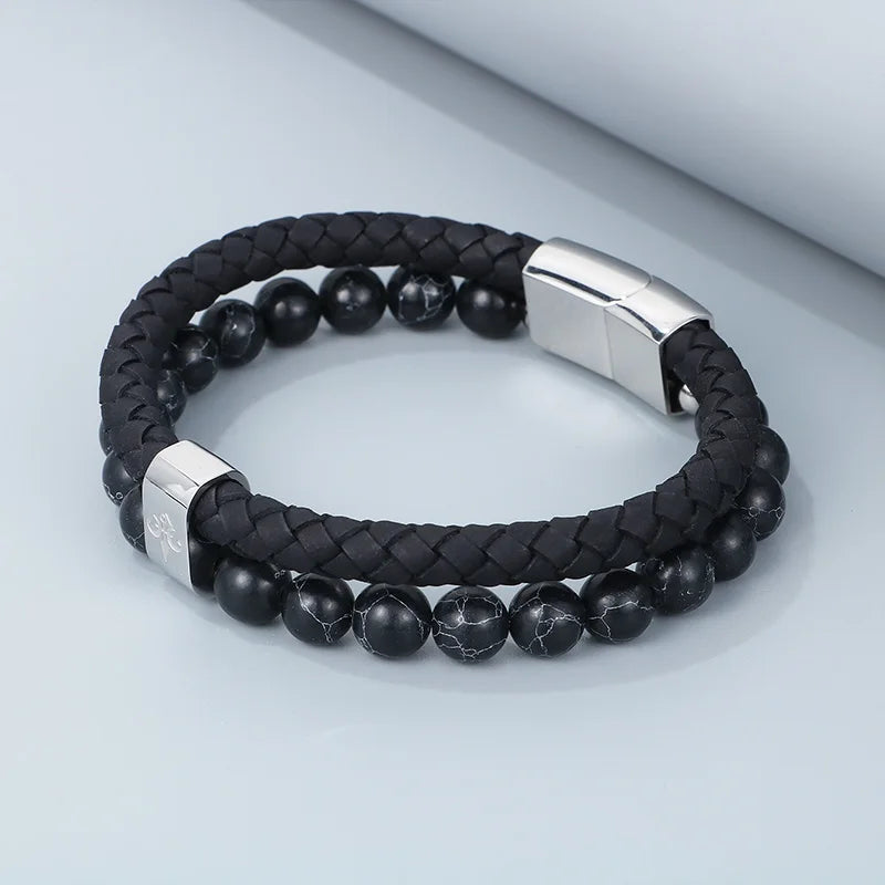 KALEN 210mm Men Mature Stainless Steel Beads&Cowhide Leather Bracelet