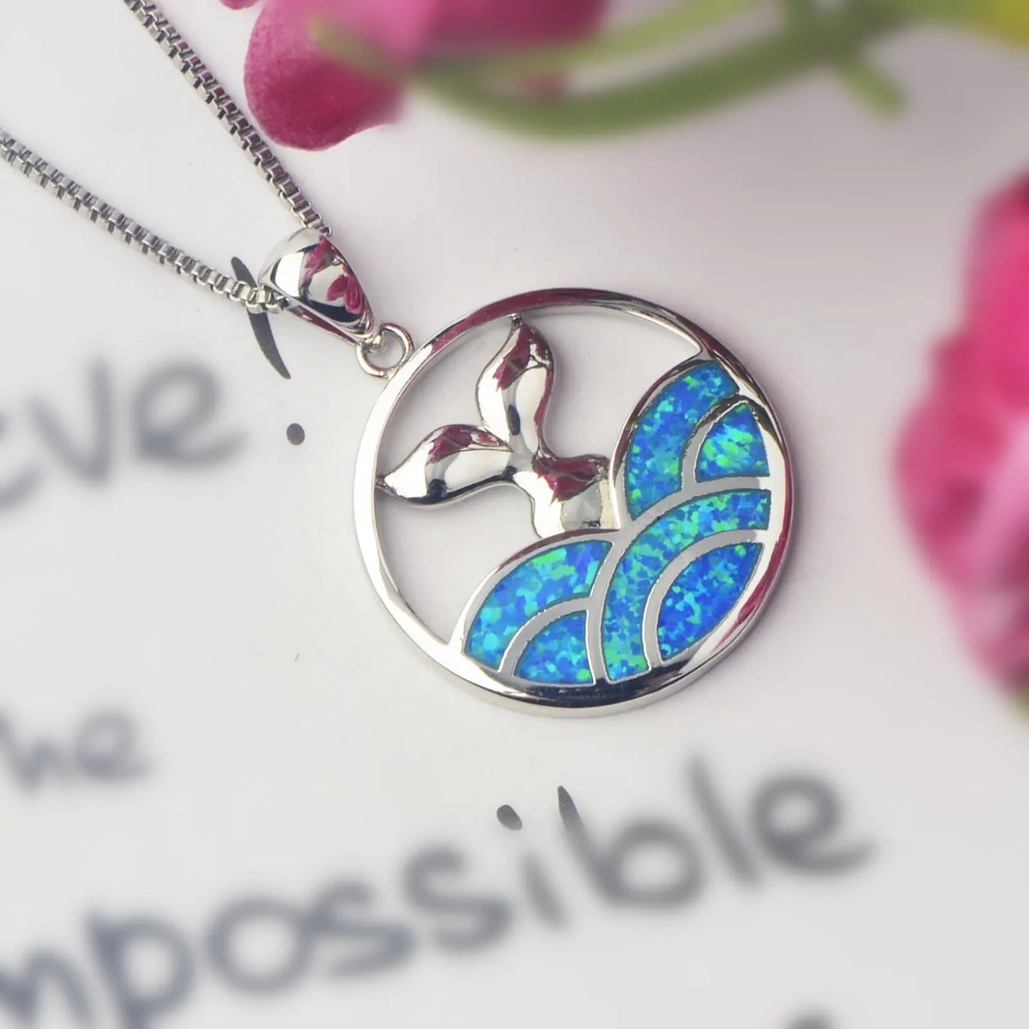 Aobao Trendy Christian Blue Opal Mermaid Tail Sweater Chain Surfing Necklace Silver Plated Copper Alloy Inlaid Lab Created Opal