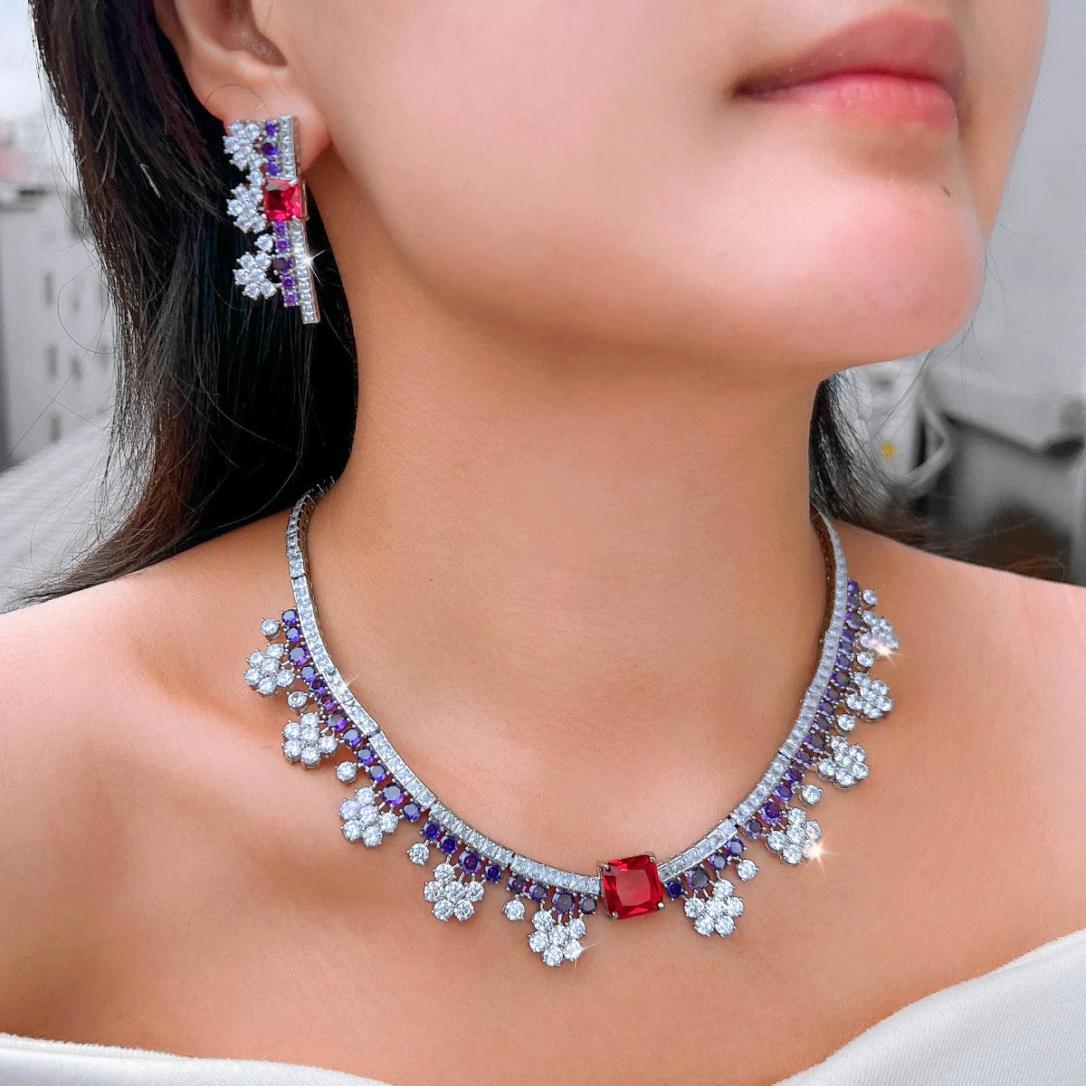 Gorgeous Flower Necklace and Earrings Purple Red Bridal Jewelry Set for Women Luxury Wedding Dress Accessories