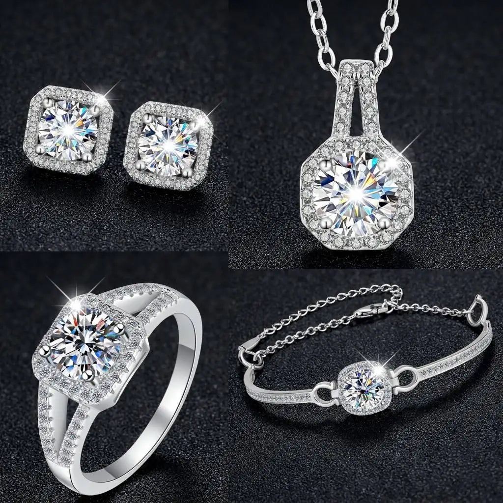 REDheart Luxury 925 Silver Jewelry Sets for Women Ladies with Moissanite Bracelet Ring Earring Necklace for Party Engagement
