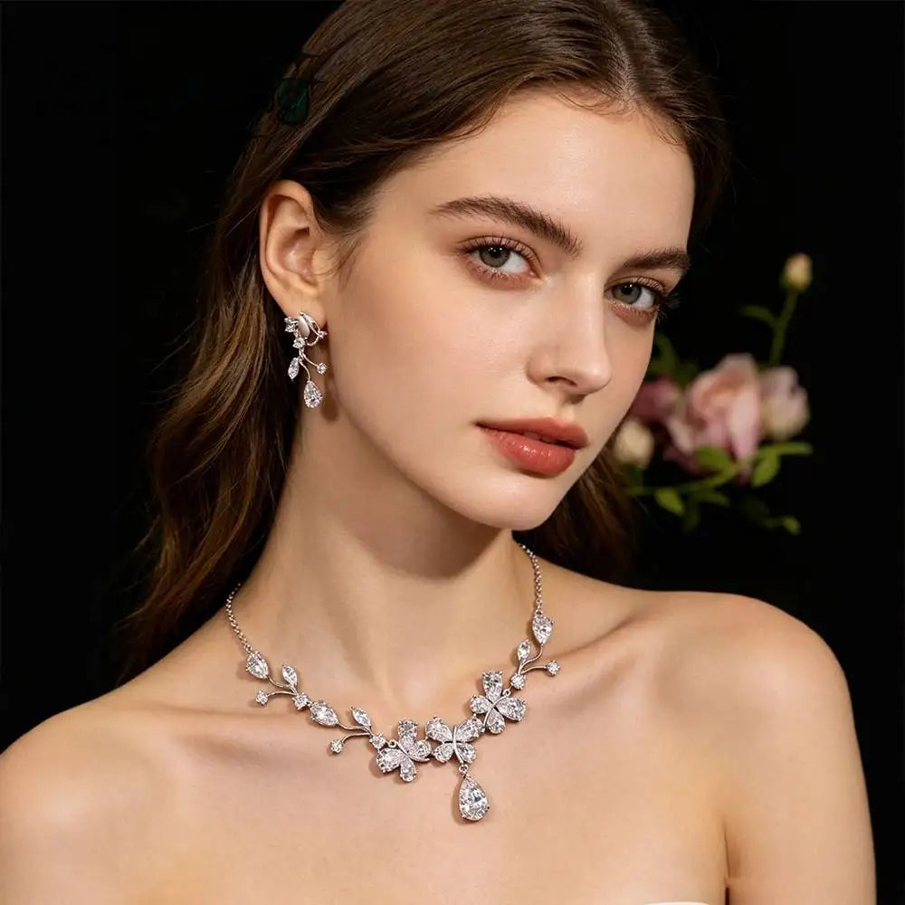 XM S310 Zircon Floral Branch Bridal Necklace & Drop Earrings Set