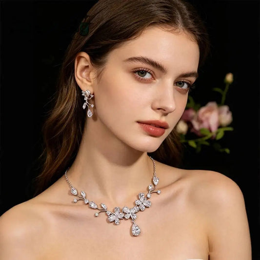 XM S310 Zircon Floral Branch Bridal Necklace & Drop Earrings Set