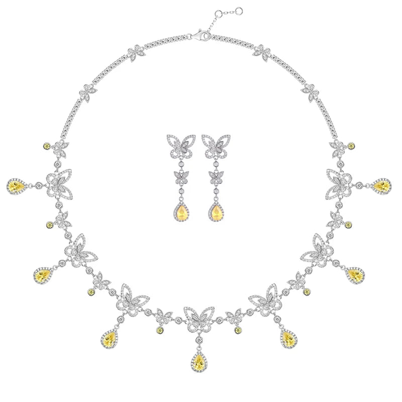 Brass Plated Gold Inlaid Zircon Colorful butterfly Necklace Earrings Bracelet Women's Banquet High-end Suit