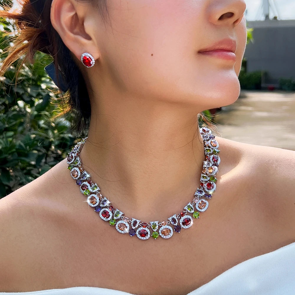 Gorgeous Necklace and Earrings Oval Cut Cubic Zirconia Stone Colorful Jewelry Set for Women Party Anniversary Dress Accessories