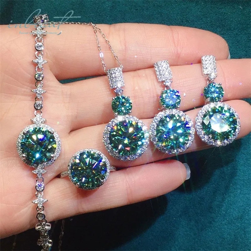 S&S 28ct Green Moissanite 925 Silver Bridal Jewellery Set | Ring, Earrings, Necklace & Bracelet | S&S Collection