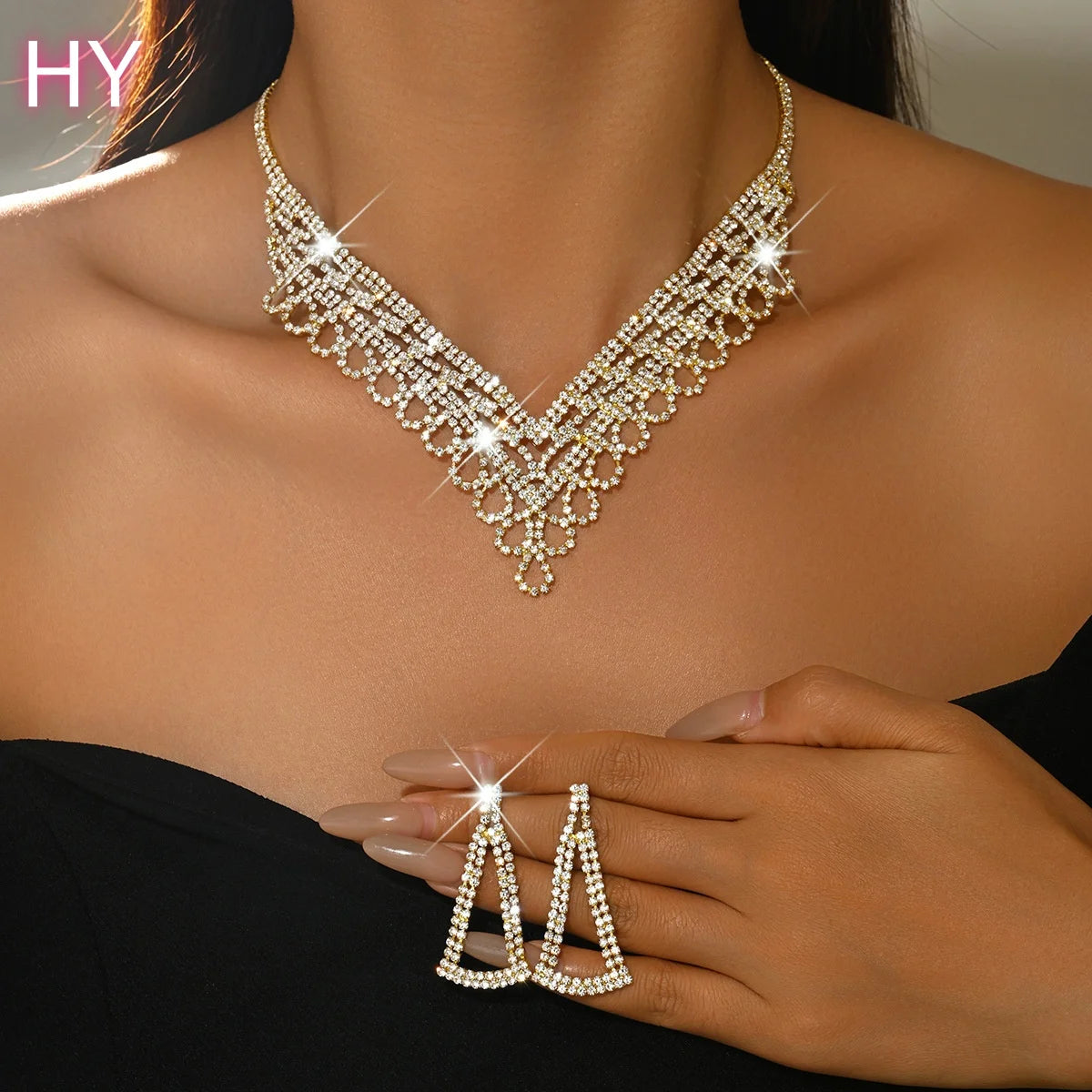 HY  Shiny Tassel Earrings V-shape Necklaces Women Wedding Party Set Wholesale Fashion Lead-Free Brass Silver/Gold