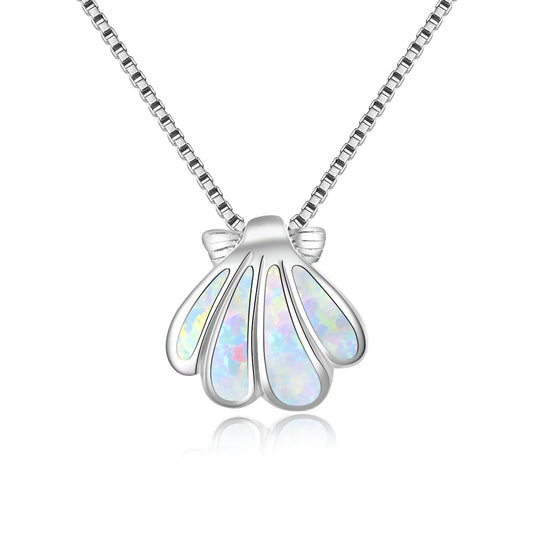 New Christian European American Fashion Accessories White Opal Copper Necklace Scallop Pendant Sweater Chain Silver Plated