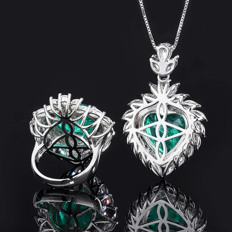Gemfiori New Luxury Emerald Fusion Heart Gemstone Pendant Necklace Box Chain Emerald Green Gem Ring Ladies Women Wedding Jewelry Set Gift