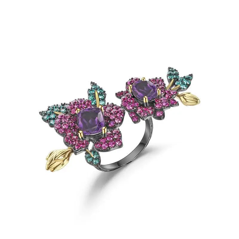 REDheart TIANSHE Design High-end Jewelry S925 Pure Silver Flower Brooch Pendant Natural Amethyst Ring Earrings Set
