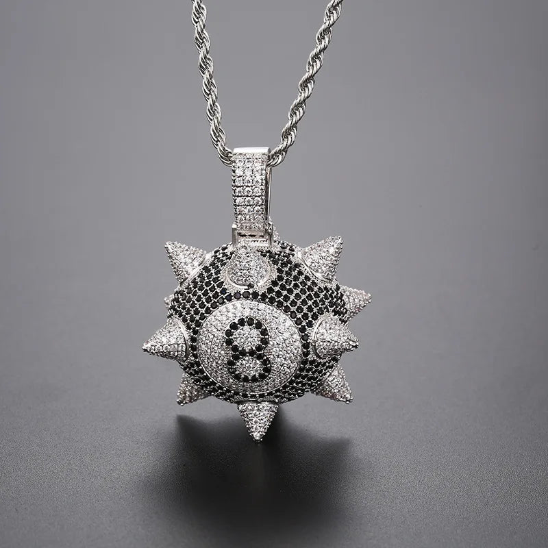 European and American Hot Style Micro-inlaid with Zircon Cartoon Black 8 Meteor Hammer Pendant Trendy Hip-hop Necklace