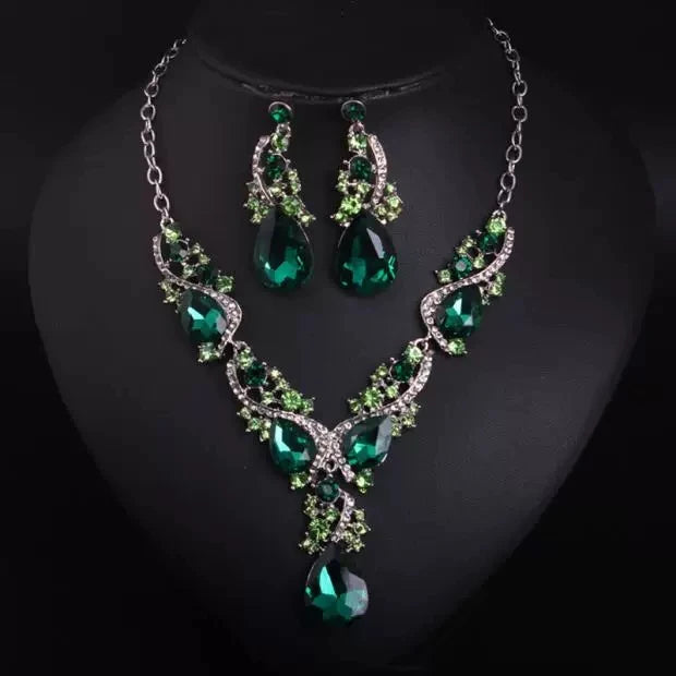 Luxury Princess-Cut Zirconia & Pearl Floral Statement Necklace & Drop Earrings Set — Silver Plated