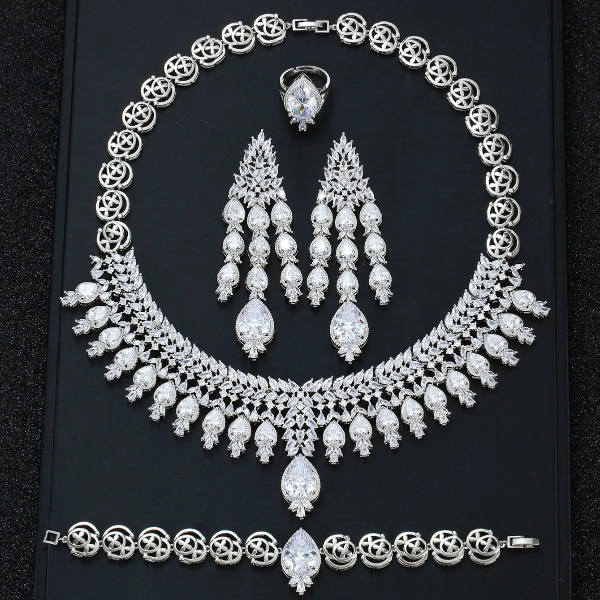 Luxury Dubai Pear-Cut Zirconia Big Tassel Bridal Jewellery Set — Necklace, Earrings, Ring & Bracelet