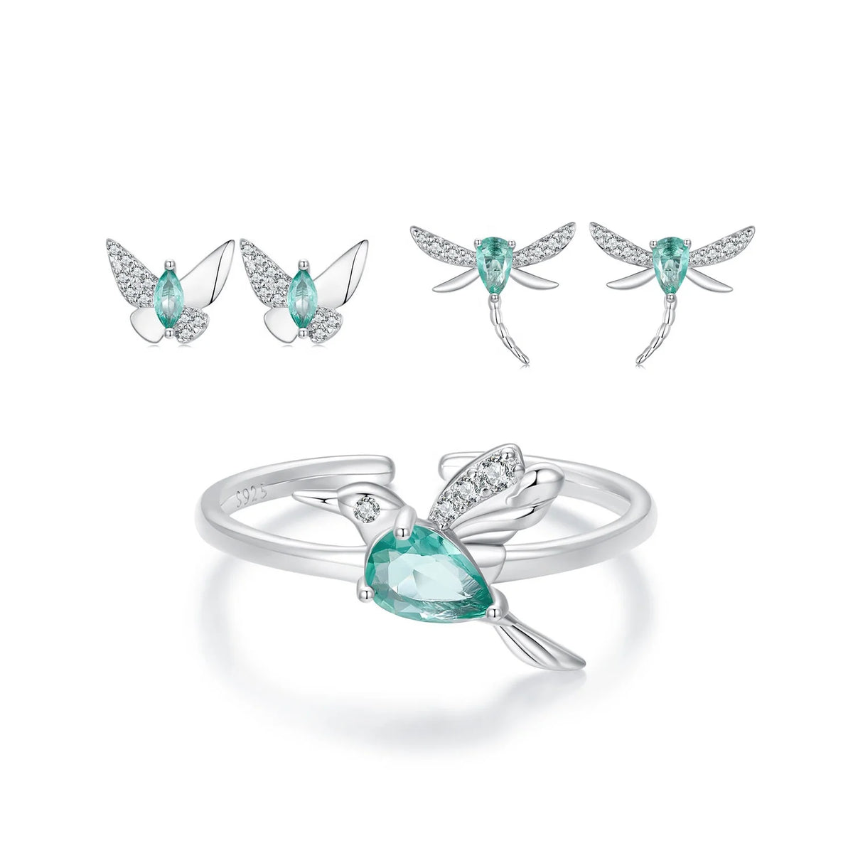 S&S 925 Silver Wings of Nature Earring & Ring Set – Hummingbird, Butterfly & Dragonfly – Platinum Plated – Collection