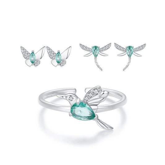S&S 925 Silver Wings of Nature Earring & Ring Set – Hummingbird, Butterfly & Dragonfly – Platinum Plated – Collection