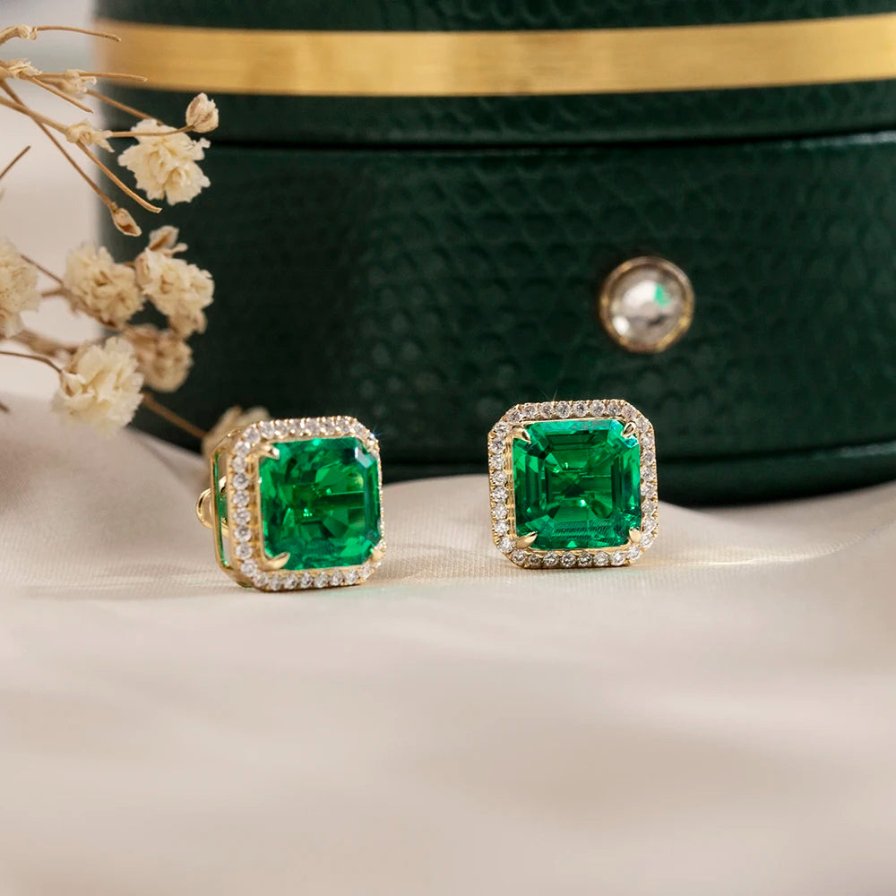 Custom Jewelry MSE-797 Fashion Earring Jewelry 18K Yellow Gold Lab Grown Emerald Stud Earrings