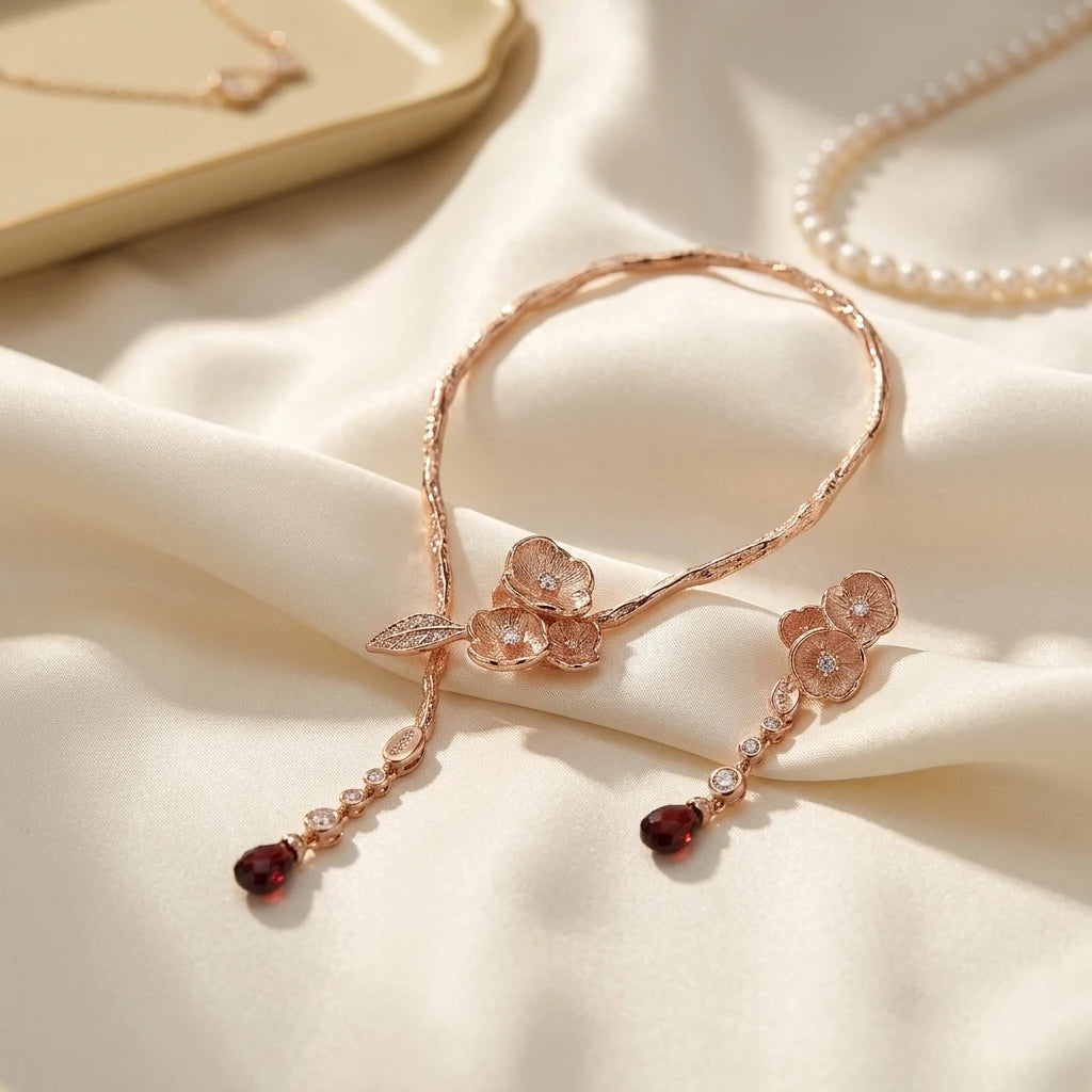 Italian Fashion Design Flower Shaped 925 Sterling Silver Rose Gold Plated Long Pendant Earrings Garnet for Wedding Gift Party