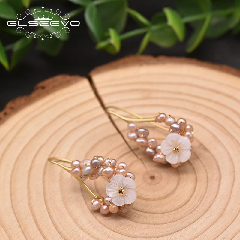 Fashion Natural Purple Pearl Drop Earrings for Women Luxury Jewelry Flower Shape Handmade Korean Earrings