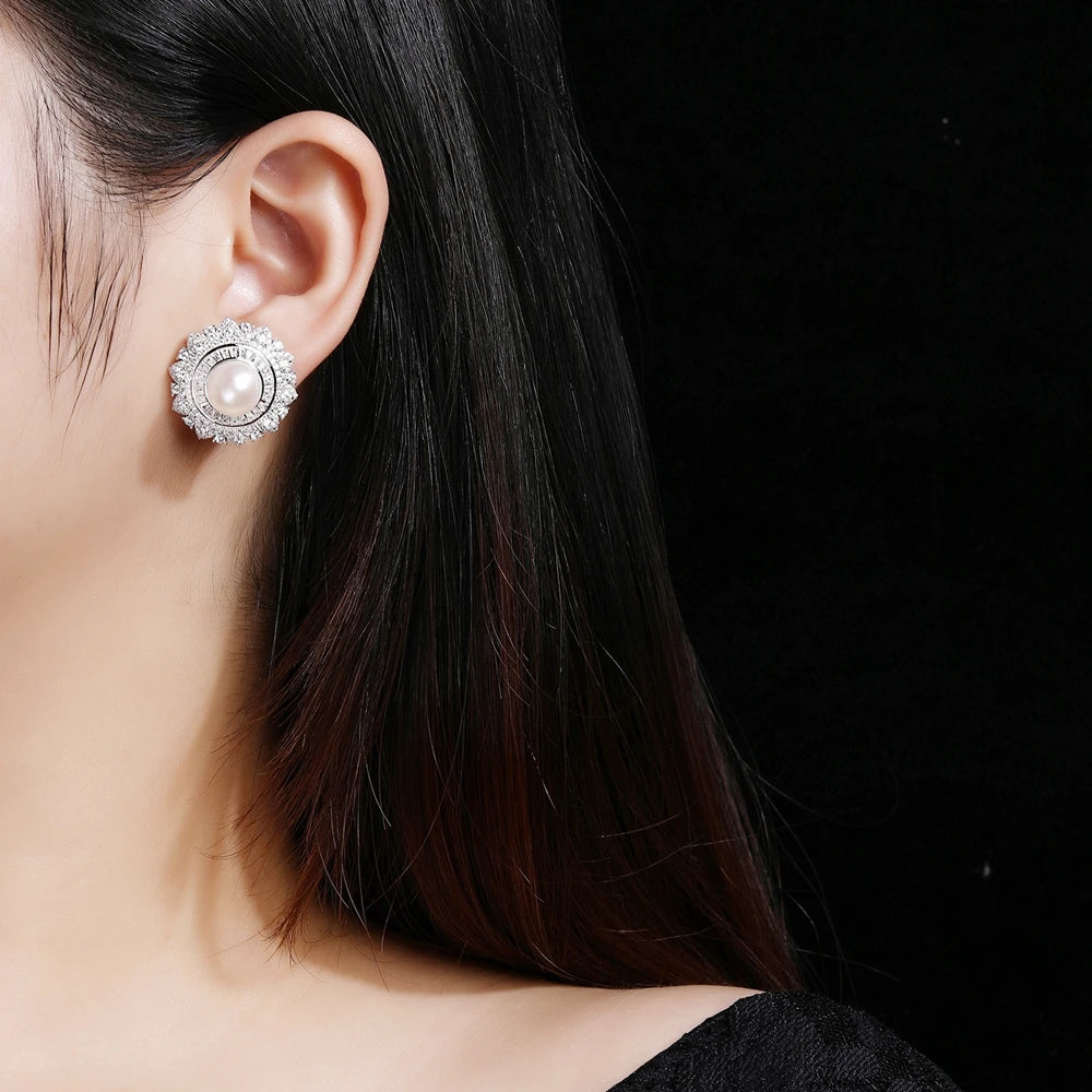 MUSHAN Jewelry Factory S925 Pearl Stud Earrings With High End Feel Electroplated White Gold Set With High Carbon Diamonds