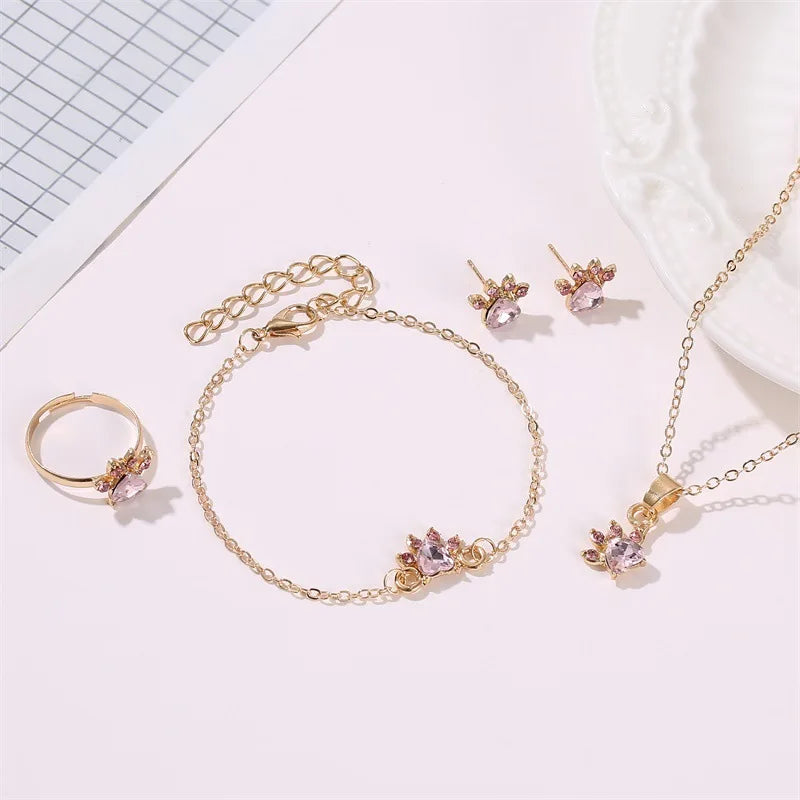 REDheart 4Pcs/Set Pink Crystal Bear Paw Cat Claw Wedding Jewelry Set Women Necklace Bracelet Ring Earrings