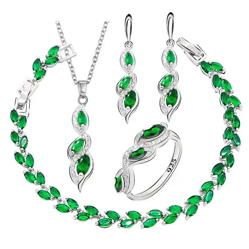 XOTICA Green Emerald White Gold Plated Jewelry Set for Women Bracelet Earrings Ring Necklace Pendant for Wedding and Party