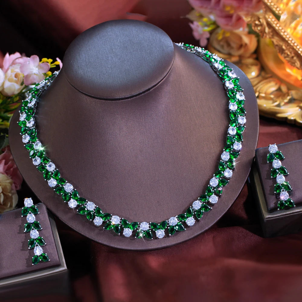 Trendy Green White Color Cubic Zirconia Wedding Brides Anniversary Jewelry Set for Women Necklace and Earrings Dress Accessories