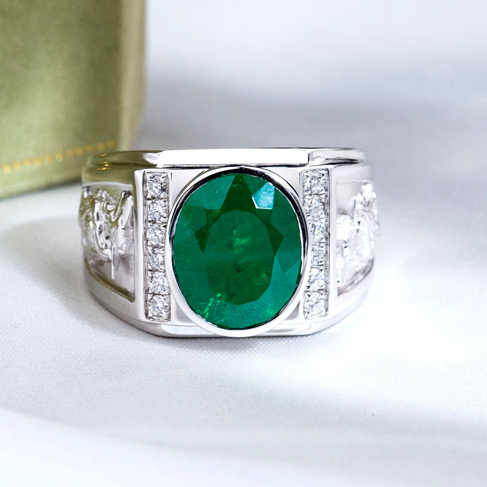 Custom Fine Ring Jewelry MSR-1850 925 Sterling Silver Oval Shape Lab Grown Emerald Ring