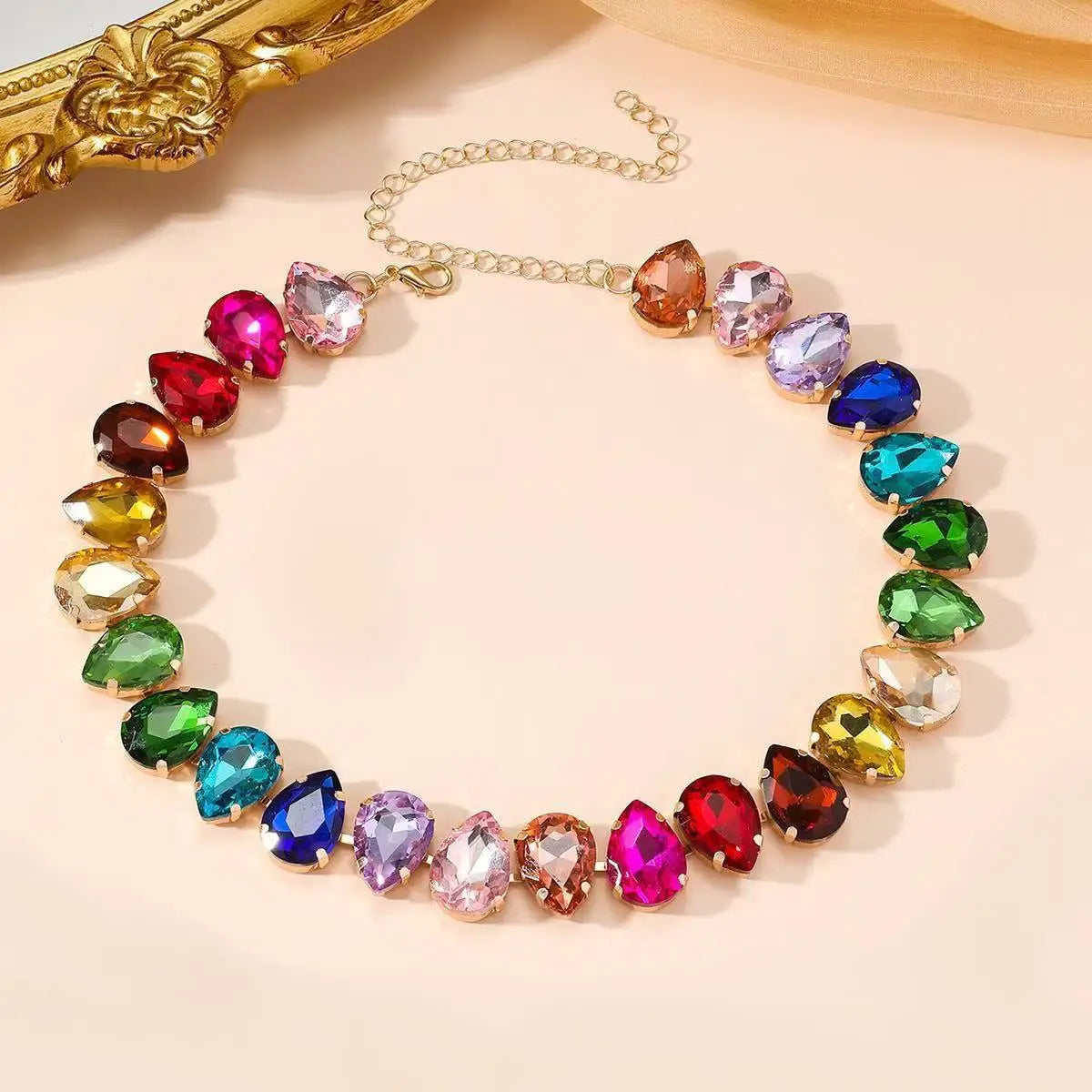 S&S Brass Multi-Colour Crystal Collar Necklace | Evening Statement Jewellery