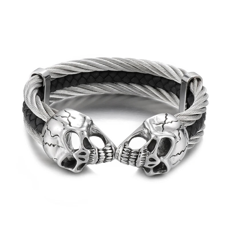 REBEL Punk Silver/Gold/Black/Grey Stainless Steel&Double Skin Skull Cuff Bangle Bracelet