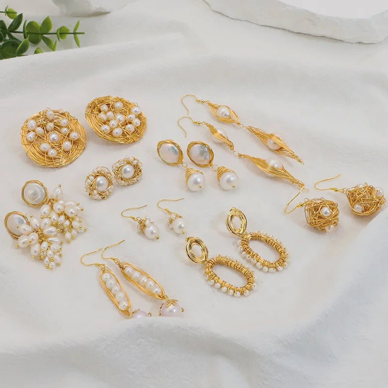 Natural Freshwater Pearls Metal Stud Earrings  Geometric Irregular  for Women Girl Gift Pearl Earrings