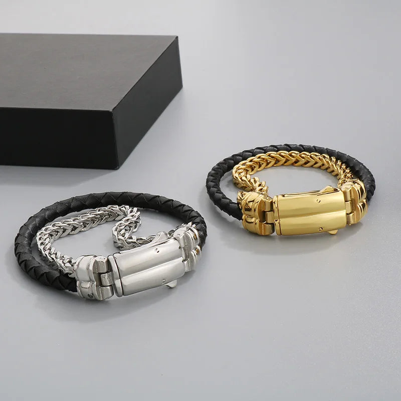 KALEN Trendy Braided Black Cowhide Leather and  Stainless Steel Bracelet Men Double Chain