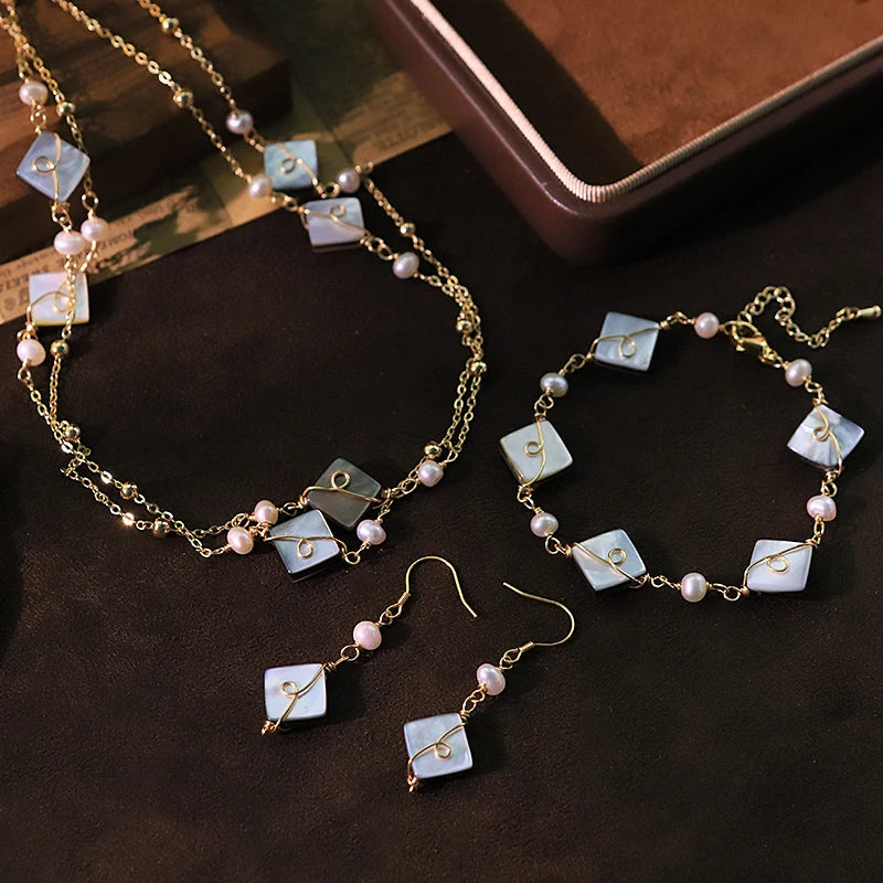 Natural Pearl Rhombus Shell Sterling Silver Ear Hook Necklace Bracelet Luxury Design Women's Jewelry Set Accessories GS0209
