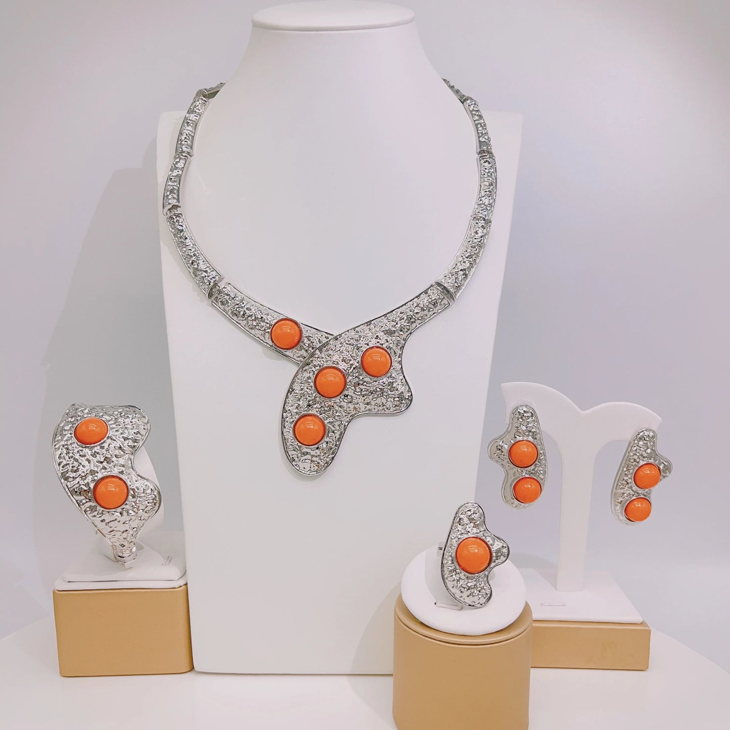 Zhuerrui Italian Gold Flower Jewelry Set Wedding Party Birthday Gift Orange Necklace Bracelet Earrings Ring Jewelry Sets H00715
