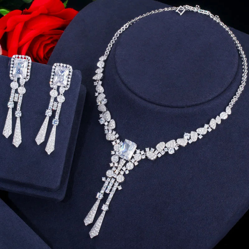 Luxury Yellow Nigeria CZ Crystal Dangle Drop Wedding Earring Necklace with Long Tassel Big Dubai Bridal Jewelry Sets Accessories