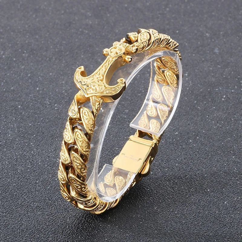 KALEN Gothic Fine Jewelry Fashion Bracelets Men Stainless Steel Anchor Charm Cuban Links Bracelet Bangle