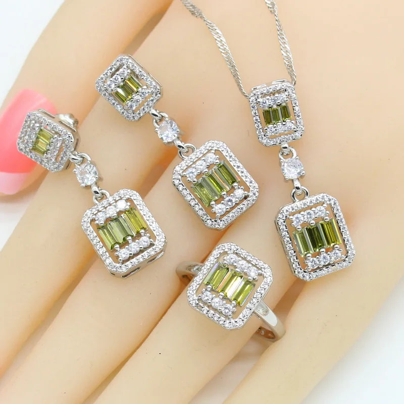 XOTICA 2022 New Green Peridot 925 Silver Bridal Jewelry Sets for Women Wedding Party Engagement Bracelet Necklace Pendant Earrings Ring