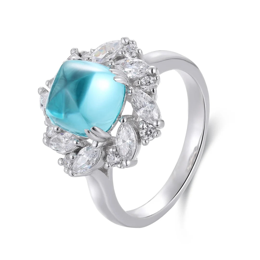 Gemfiori Vintage Lab Grown Paraiba S925 Sterling Silver Engagement Rings for Women Custom Design Wedding & Party Gift