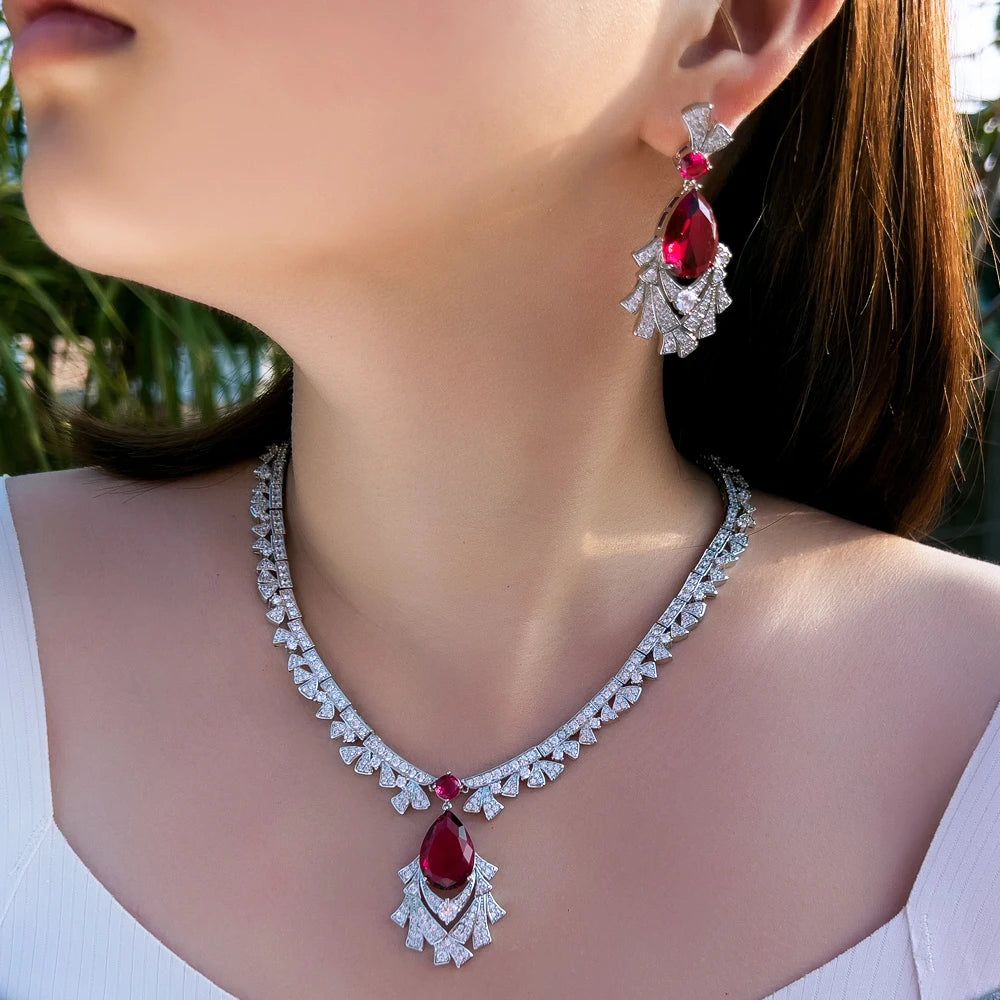 Gorgeous Cubic Zirconia Red Necklace and  Earrings Bridal Banquet Jewelry Set for Women Party Engagement Luxury Jewelry