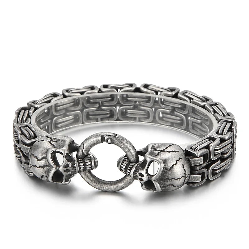 KALEN Mens 230mm Punk Stainless Steel Skull Charm Byzantine Link Bracelet