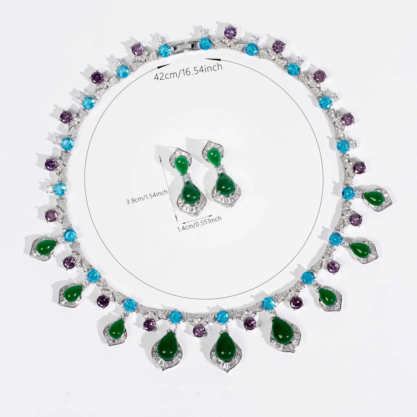 Luxury Full Pavé Colourful Zirconia Geometric Necklace & Earrings Bridal Set — Red, Green & White