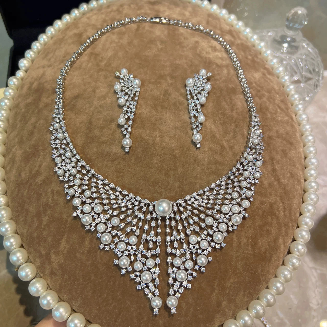 XM S424 Gold Plated Hollow Mesh Champagne Pearl & Full Paved CZ Bib Choker Necklace & Long Tassel Drop Earrings Set