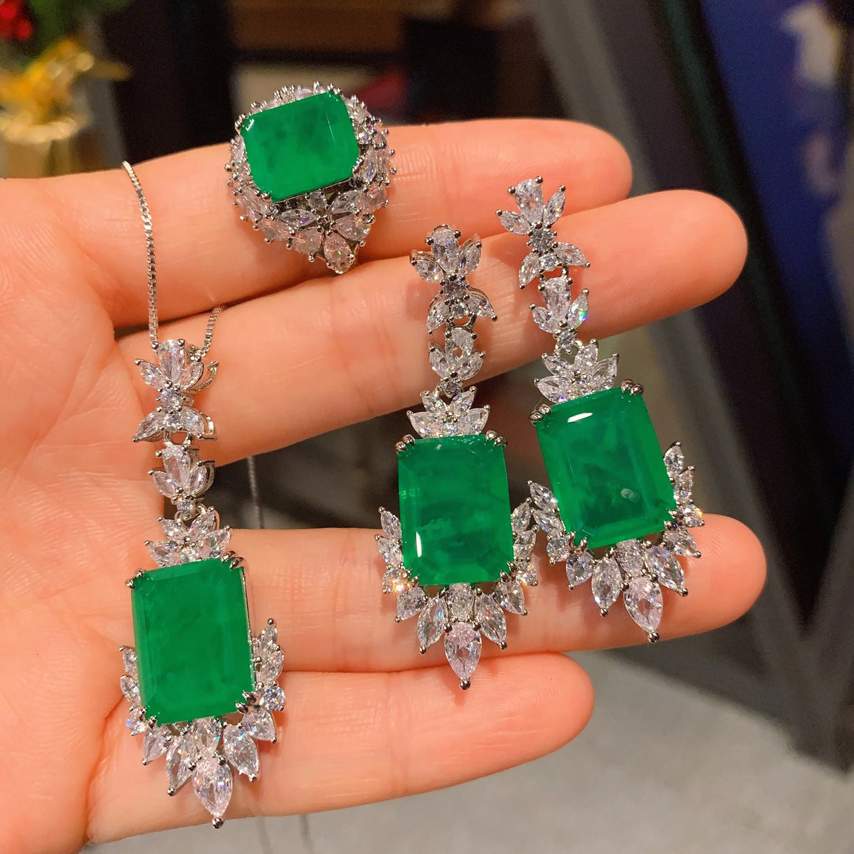 Gemfiori New Arrival Flower Creative Design Pendant Necklace Ring Drop Earrings Women Girls Luxury Wedding Party Statements Jewelry Sets