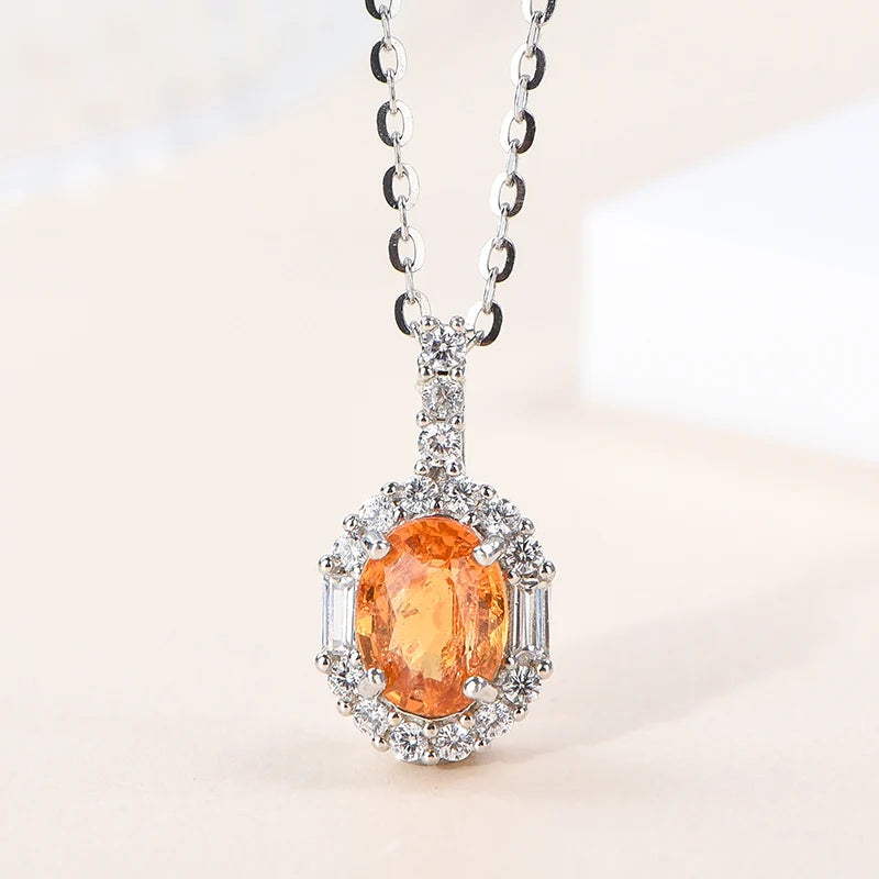 Gioiellieri Fine Jewelry Rhodium Plated 925 Silver Luxury Oval Cut Claw Setting Pendant Necklace for Women Natural Orange Garnet