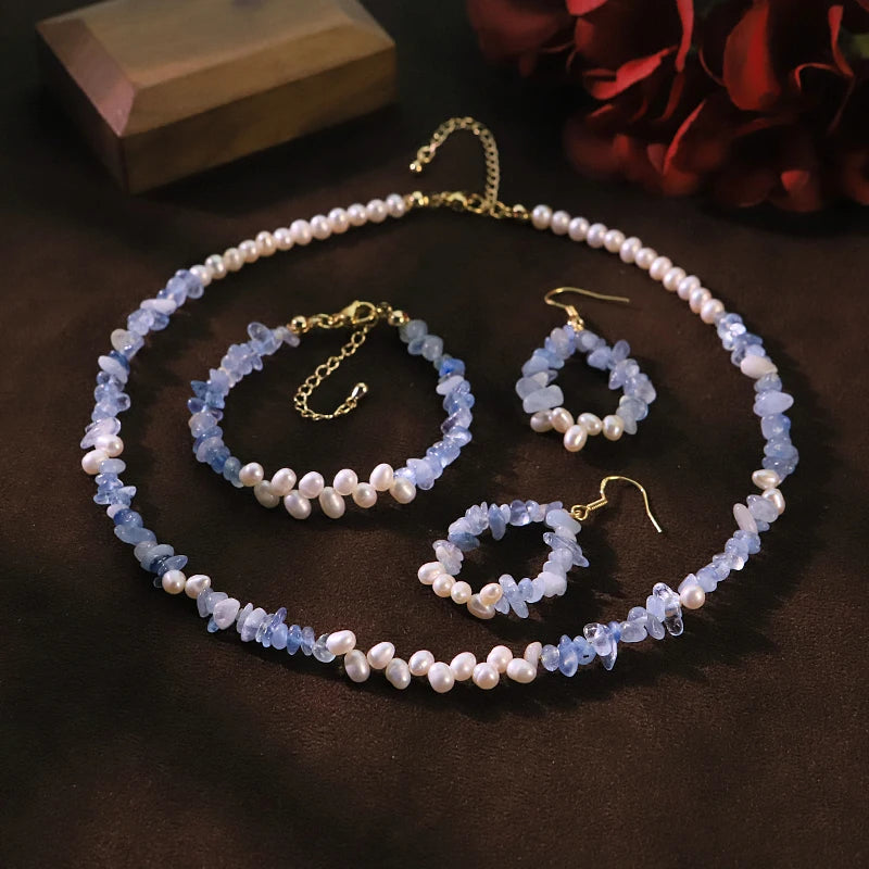 GLSEEVO Natural Freshwater Pearl Aquamarine Jewelry Set for Women Daily Wear Dating Party Pearl Jewelry Set Minimalist Jewelry