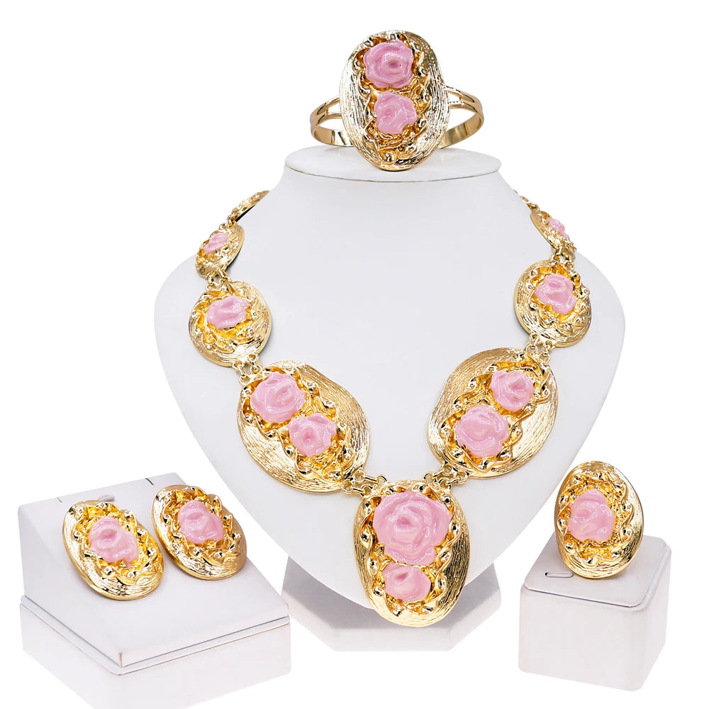 Zhuerrui Two Tone Italian Gold Jewelry Sets Necklace Bracelet Earrings Ring Bridal Western Heavy Wedding Fine Jewelry Set H00615