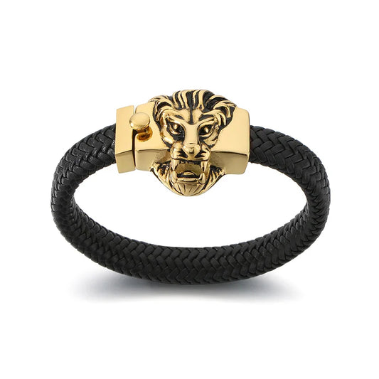 KALEN Men Punk Fashion Bracelets Fine Stainless Steel Leather Wolf Skull Bracelet Bangles