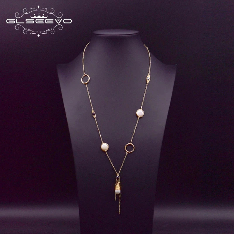 Natural Pearl Sweater Necklace for Women Bride Wedding Custom Handmade Vintage 18k Gold-Plated Long Necklace Fine Jewelry